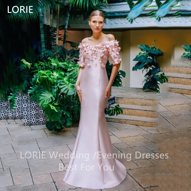 

LORIE Luxury Pink Satin Party Dresses Sequined Off The Shoulder Evening Prom Dress Mermaid Floor-Length Prom Gown Customized