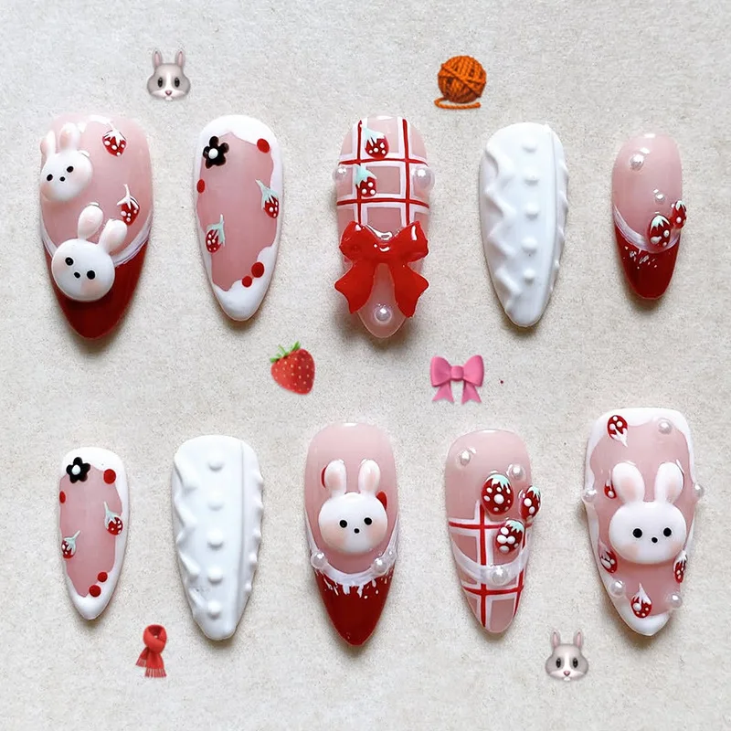 Image of 30 Stück erröten Mandel falsche Nägel süße Cartoon Kaninchen Schleife Erdbeere gedruckt Press On Nail rot Französisch Stil Valentinstag gefälschte Nägel