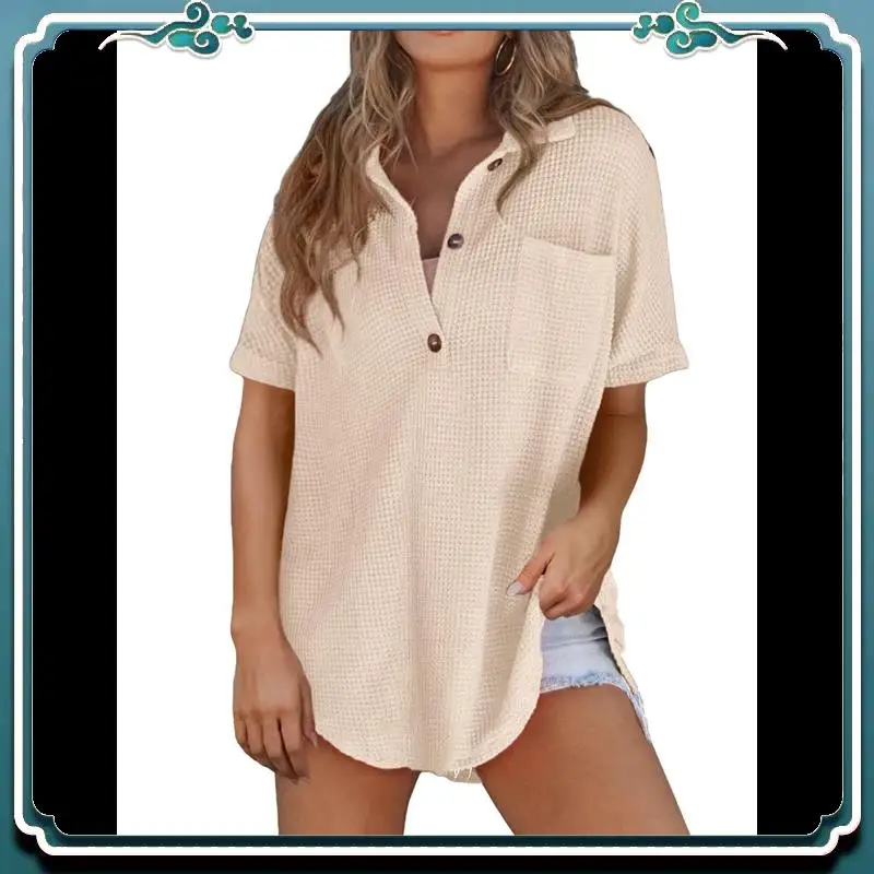 A65G-Women Waffle Knit Tops Henley Shirts Short Sleeve V Neck Solid Color Casual Tunic