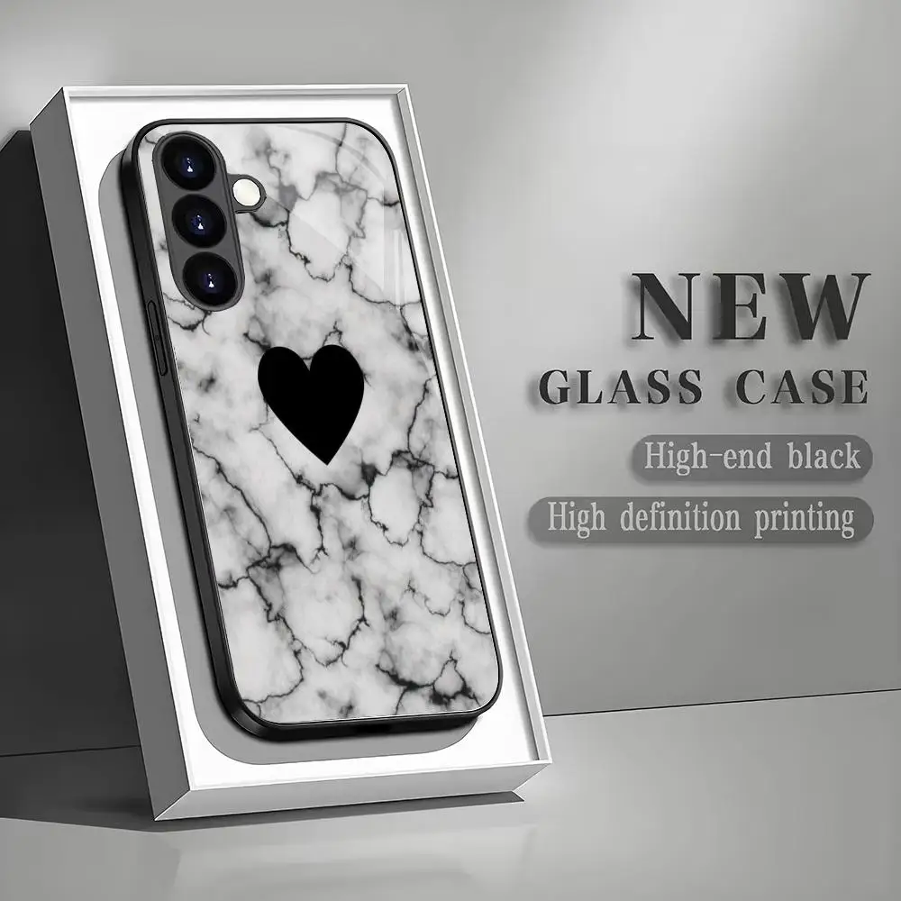 Black heart-shaped tempered glass phone case suitable for Samsung Galaxy S26 S25 S24 S23 S22 S20 FE/Ultra/Plus5G anti drop