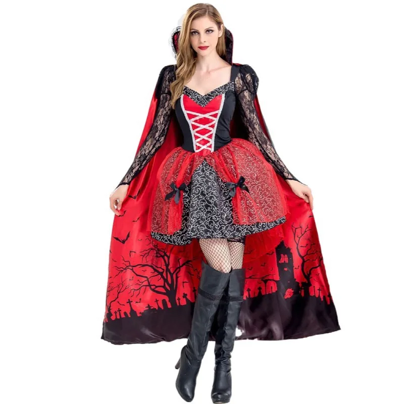 Halloween Witch Dress Lace Long Sleeve Red Dress And Cape Two Piece Set Cosplay Costume Carnival Masquerade Role Play Outfit