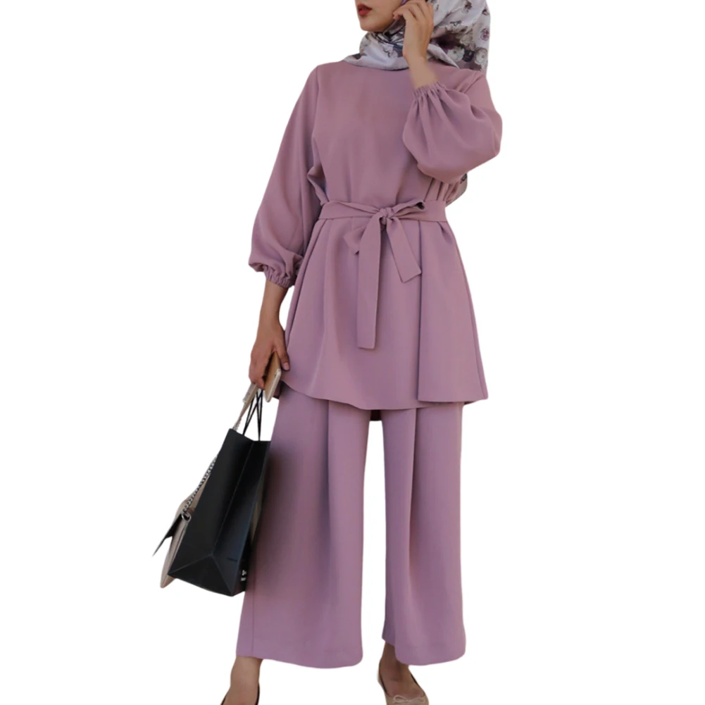 Muslim Fashion For Work Muslim Women Abaya Set Women Office Outfit Spring Waist Solid Color Female Muslim Sets