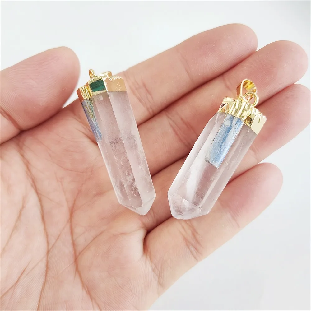 FUWO Wholesale Natural Crystal Point Pendant With Kyanite Charm,Golden Plated Quartz Accessory For Jewelry Making 5Pcs PD037