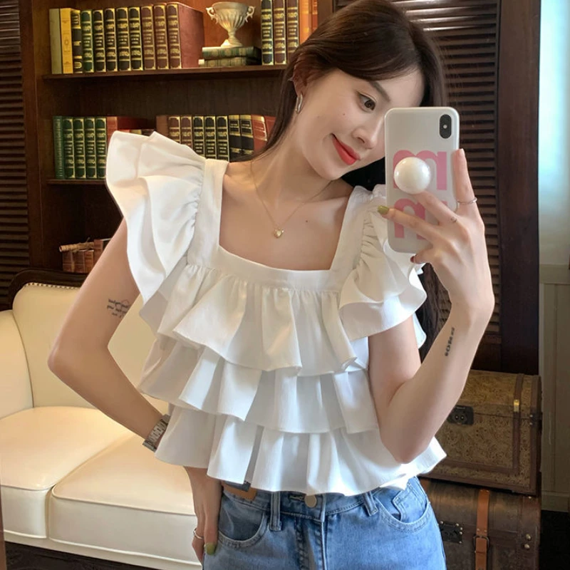 Flying Sleeve Blouses Women Ruffles Sweet Summer Crop Tops Fashion Elegant Square Collar Female Holiday Korean Style All-match