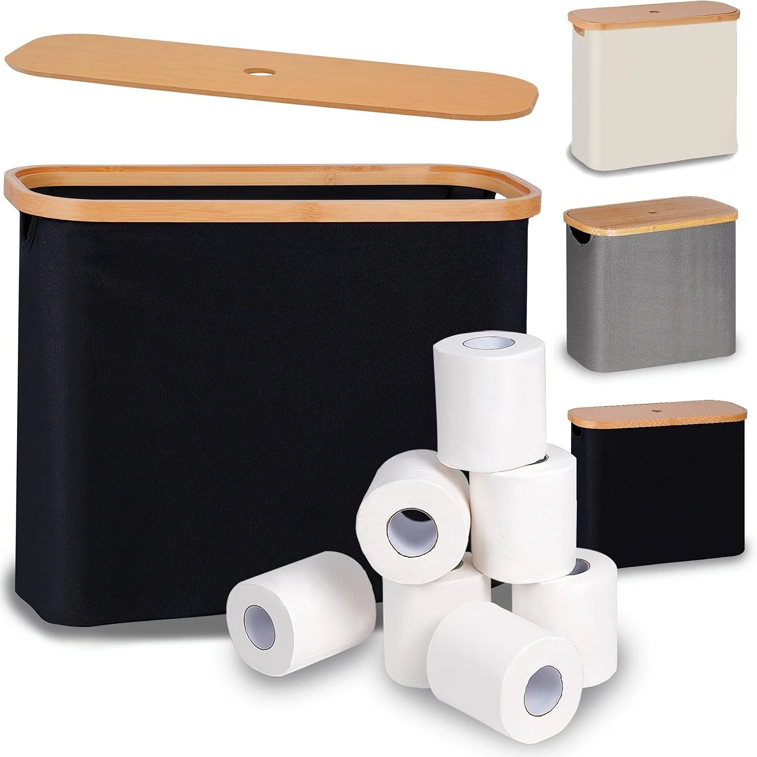 

Bamboo Lid Storage Basket - Foldable Fabric Bin with Cover for Toilet Paper & Essentials, Decorative Organizer for Bathroom