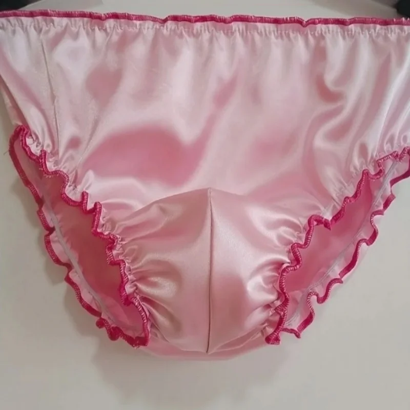 Mutandine da uomo in vita elastica con tocco setoso rosa da donna Slip in raso di seta con volant Intimo taglie forti Lingerie sexy Party Private