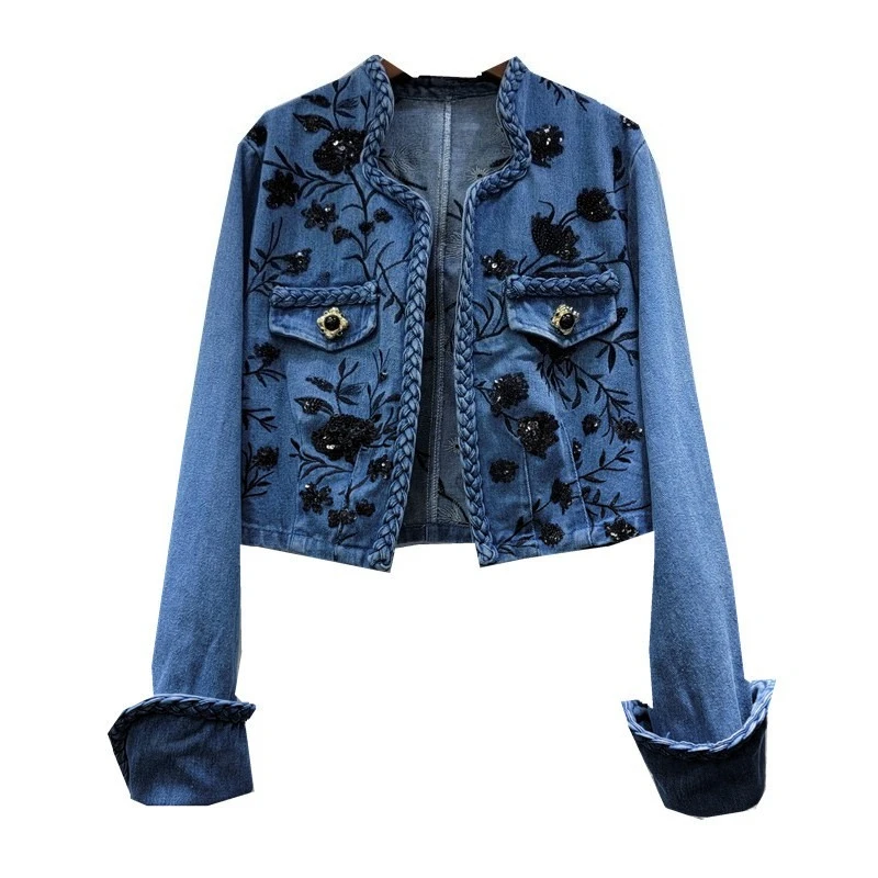 

Синяя джинсовая куртка без пуговиц с нерегулярным вырезом и вышивкой, расшитая блестками, женское пальто с длинными рукавами и карманами, осень 2021, новинка