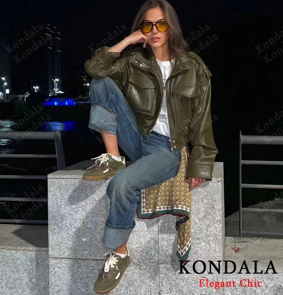 

KONDALA осенняя женская кожаная куртка-бомбер из искусственной кожи с воротником-стойкой на молнии, куртка на молнии, осень-зима 2021, уличная женская куртка