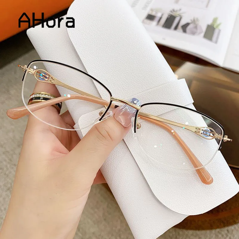 

Ahora Ultralight Lady's Half Frame Reading Glasses Fashion Crystal Blocking Blue Light Presbyopic Eyeglasses Alloy +1.0...+4.0