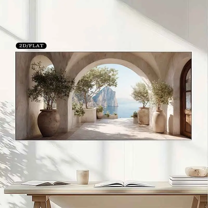 (1 pièce sans cadre) Impression sur toile sans cadre, représentant une arche qui mène à une scène côtière sereine. Idéal pour la décoration des salons