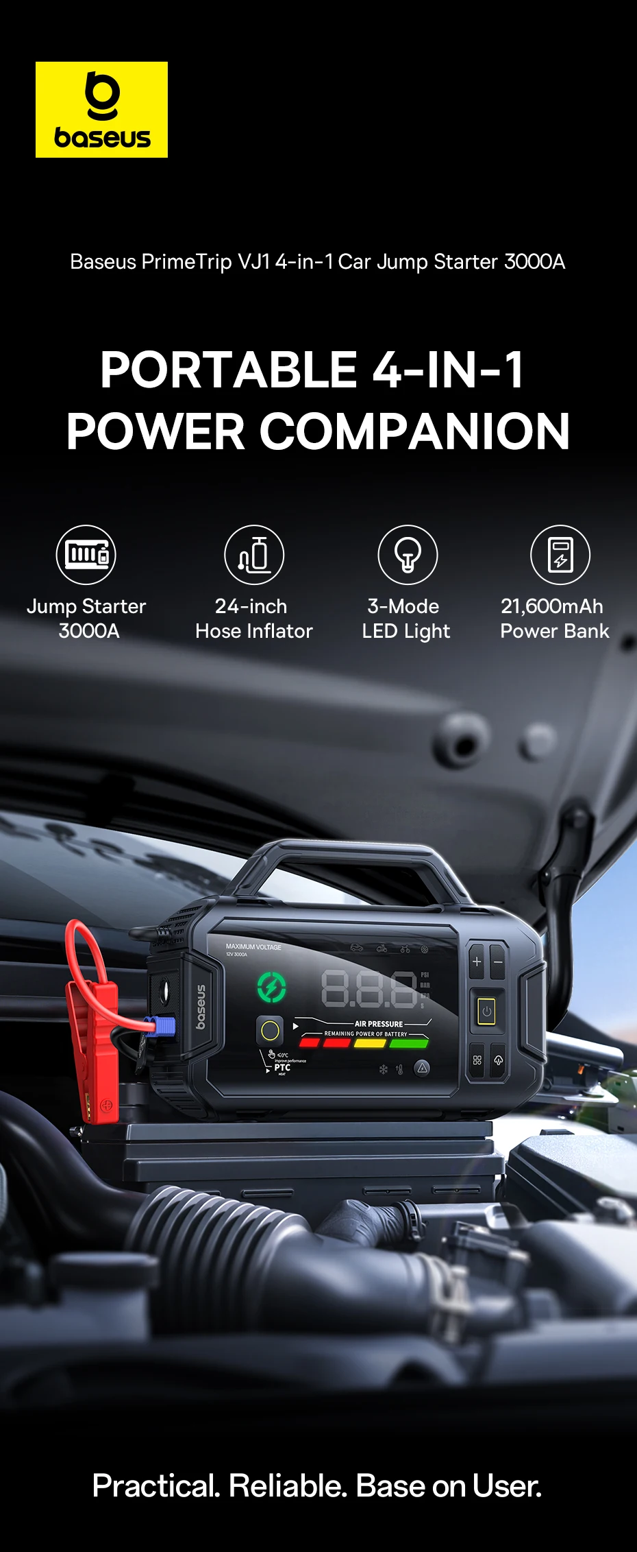 Baseus VJ1 3000A Starthilfe 4-in-1 150PSI Luftkompressor Powerbank 21600mAh Auto-Batterie Notfall-Booster Tragbares Startgerät – Detail 1