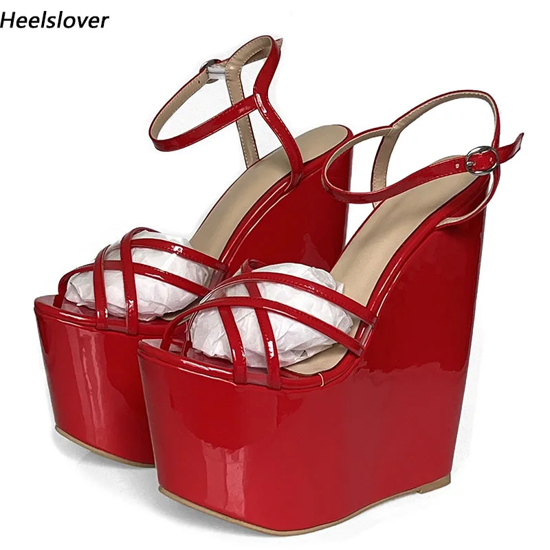 

Ahhlsion/женские сандалии-гладиаторы ручной работы, лакированные туфли на танкетке с открытым носком, красивая красная вечерние туфли для косплея, женские размеры США 4-14