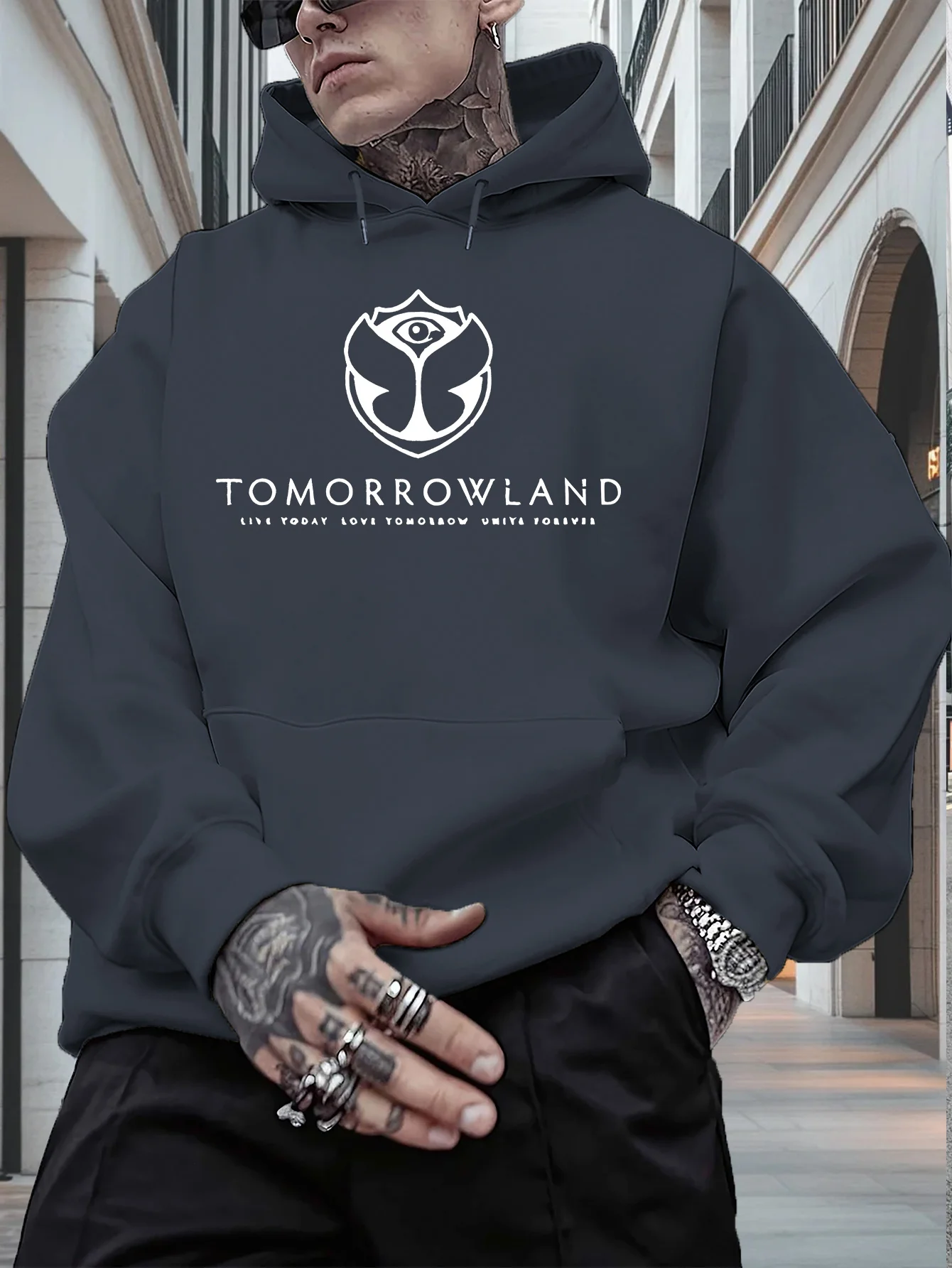 هوديي رجالي برسومات "TOMORWLAND" - بلوفر كاجوال بأكمام طويلة مناسب للخريف/الشتاء ملابس غير رسمية بقلنسوة