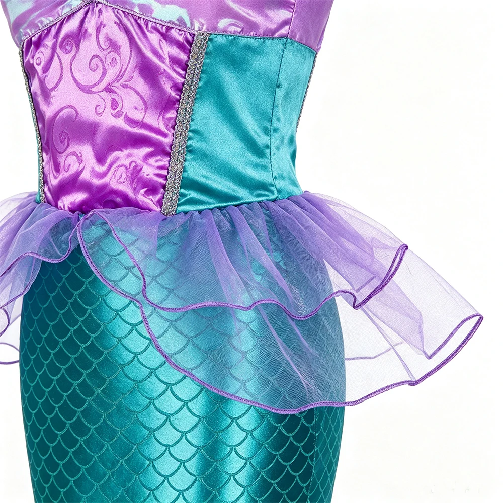 Lila Meerjungfrauen-Kostüm, ärmelloses langes Kleid mit Muschelkette und Krone für Mädchen, Halloween-Party, Cosplay, Sommer-Outfit – Detail 4