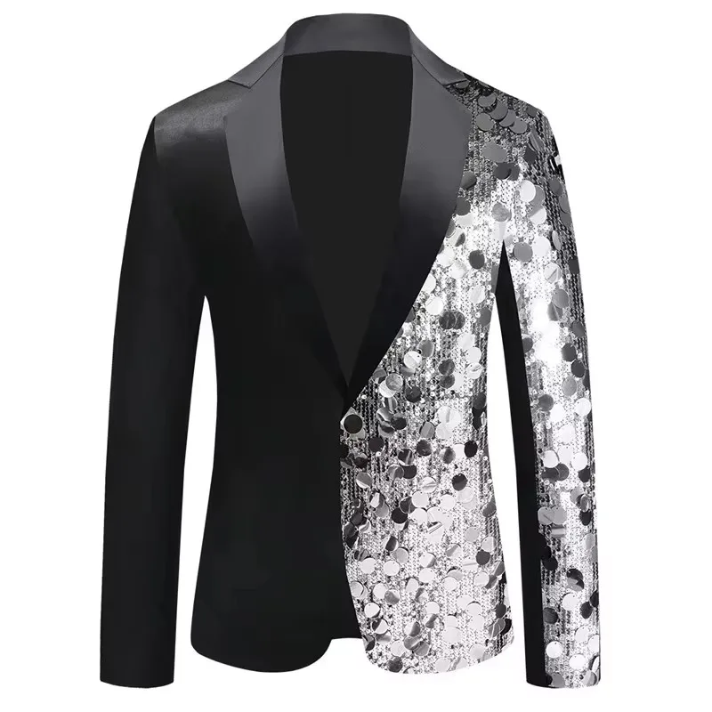 Men's Fashion Slim Fit Sequin Tuxedo Jacket Glitter Gold Silver Party Blazer Fashionable Stage Performance Clothes Singer Host