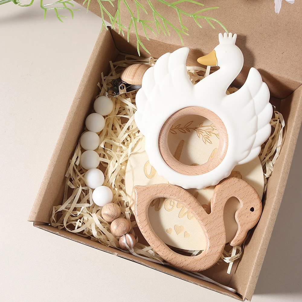 4pcs Swan Teether Baby Teething Gift Set With Flamingo Teething Pacifier Chain Rattle New Born Baby Photography Props Set