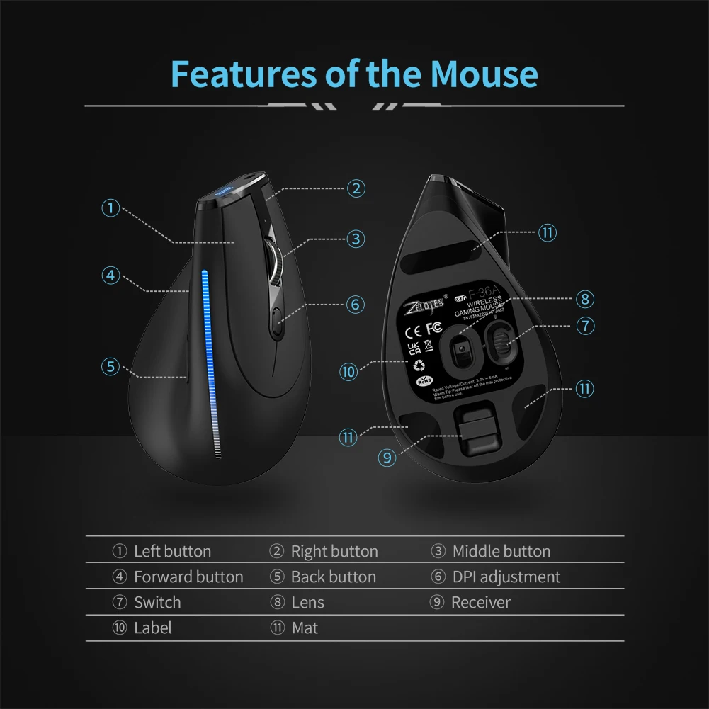ZELOTES Ergonomic Vertical Mouse 2.4G 6 Buttons F-36A Optical Vertical Mouse 2400 DPI Adjustable Computer Accessories