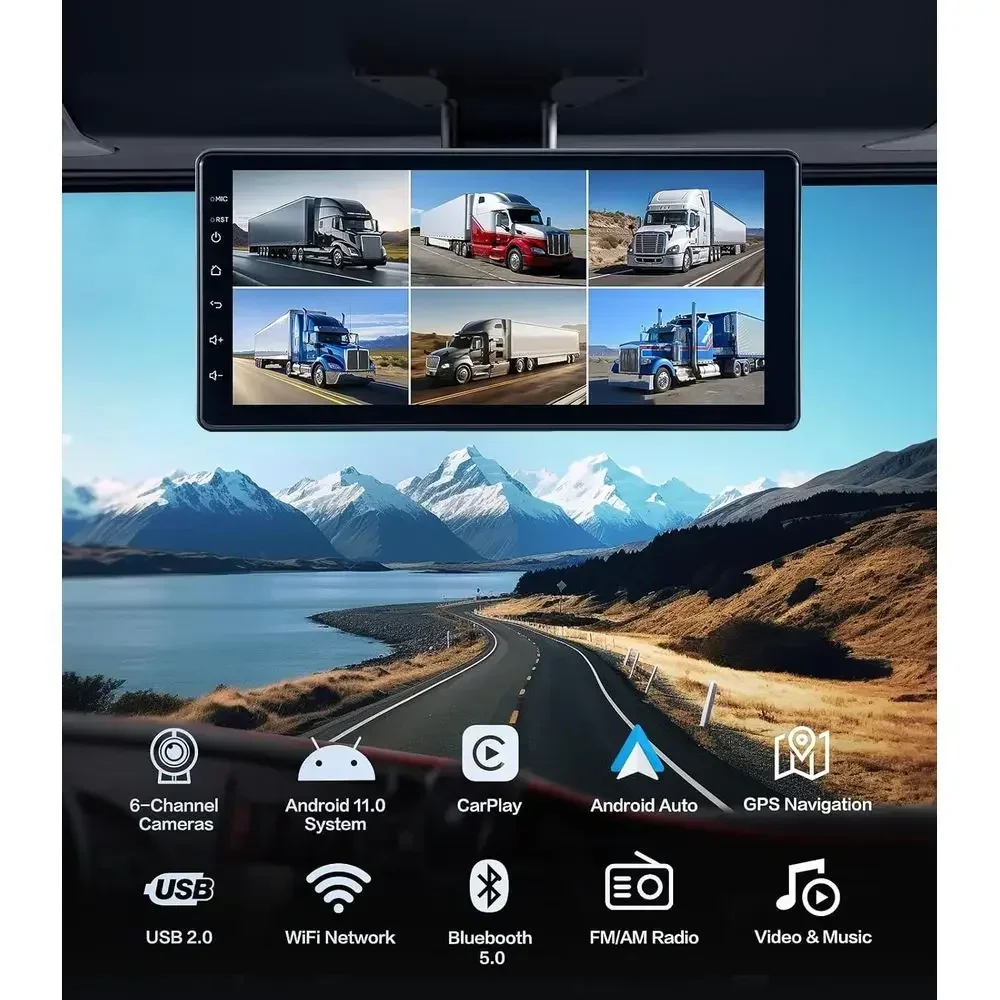 6-Channel 1080P Dash Cam Backup Camera System with 10.33 Inch Touch Screen Parking Monitor, Back Up Camera Car Radio for RV/Truc