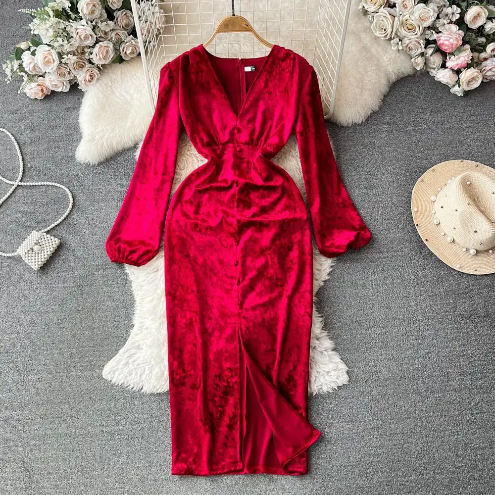 Ele Velvet Bubble Sve V-Ne Slimming Mid-Length Wrap Bodycon Dr Korean Sle Commute Pure Color Autumn Faion