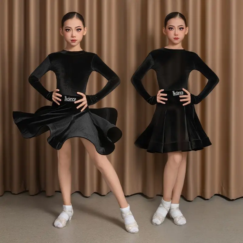 女の子のラテンダンストレーニング服 秋と冬 長袖ラテンダンススカート ステージパフォーマンス競技服