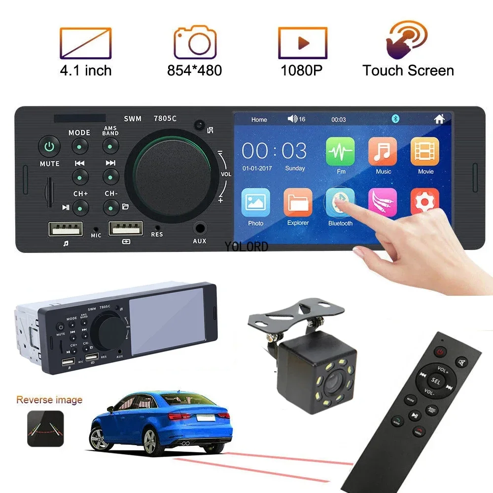 4.1” Touch Screen Car Radio 1 Din Bluetooth Music Handsfree MP5 Player TF USB Charging Remote Audio System ISO