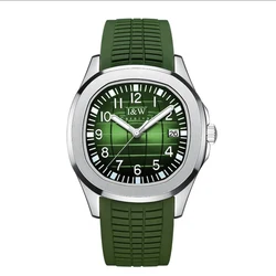 I&W Mens Automatic Watches 42mm Luxury Square Mechanical Wristwatch Vintage Luminous Rubber Strap