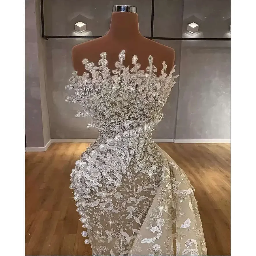 Vestidos de novia brillantes sin tirantes para mujer, vestidos de novia sexis con lentejuelas y perlas, vestido de novia largo hasta el suelo con tren lateral personalizado
