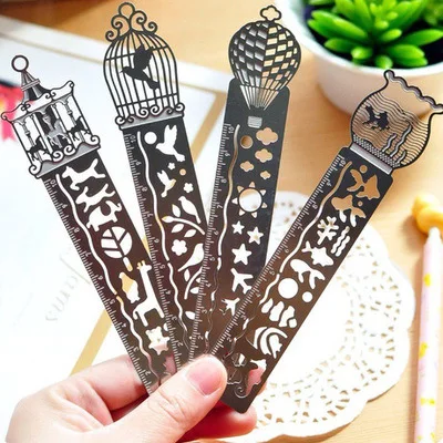 1pc 10cm Metal Rulers for Kids Student School Supplies Cute Kawaii Stationery Birdcage Bird Balloon Pattern Bookmark