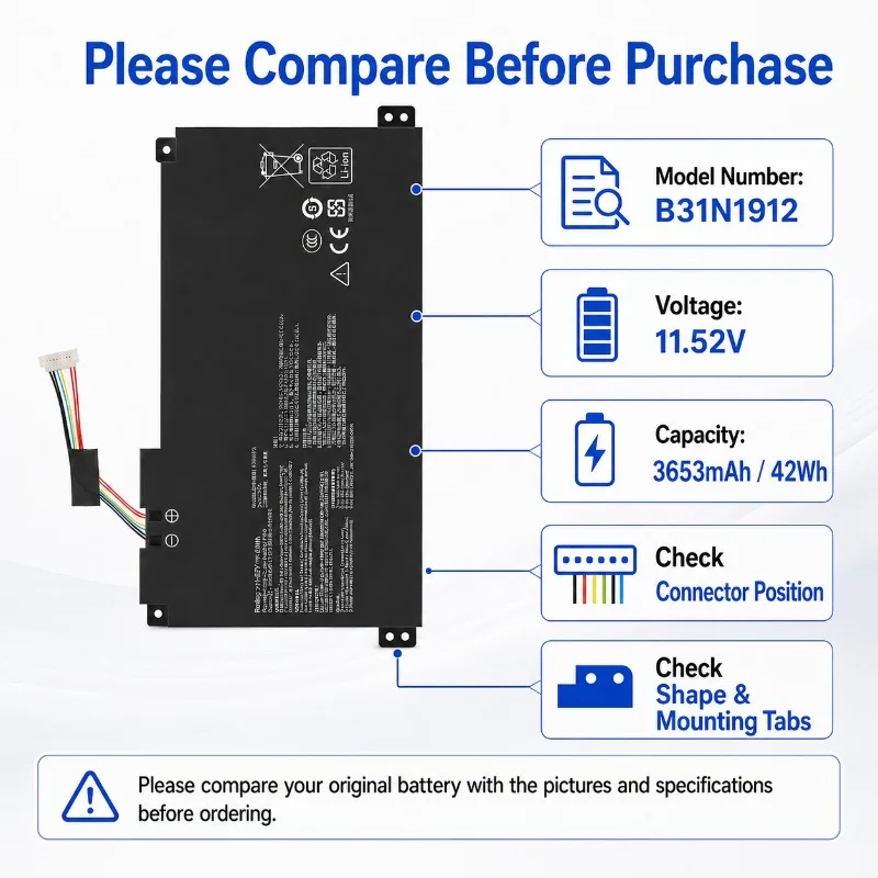 For ASUS B31N1912 Battery Replacement Laptop Battery C31N1912 for E410MA E510MA L410MA VivoBook 14 42Wh 11.55V Li-ion