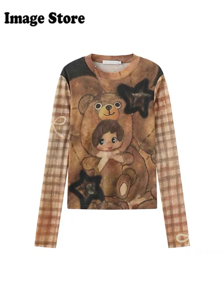 Spring Women Korean Fashion Shoujo Girl O-Neck Print Top Coquette 2000s Aesthetic T-Shirt Long Sleeve Tees Gyaru Japanese Y2k