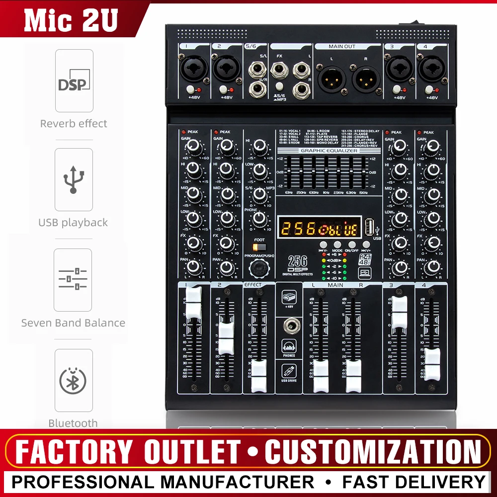 8 channel sound table professional portable mixer bluetooth USB computer input 48v power supply recording sound DJ mixer