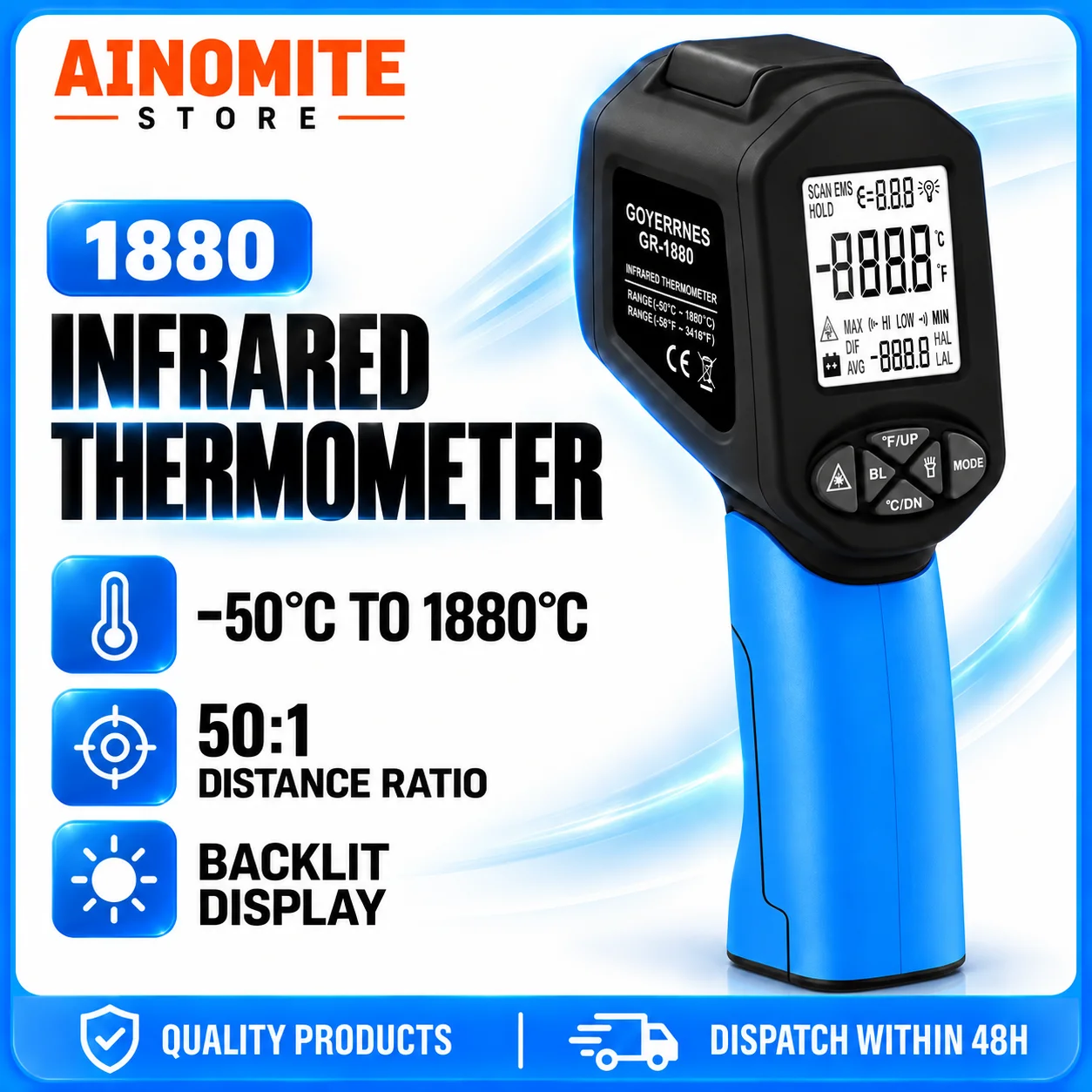 Infrared Thermometer 50:1 -58°F to 3416°F Non-Contact Digital Temperature Gun for Industrial Furnaces, Kilns and BBQ Grills