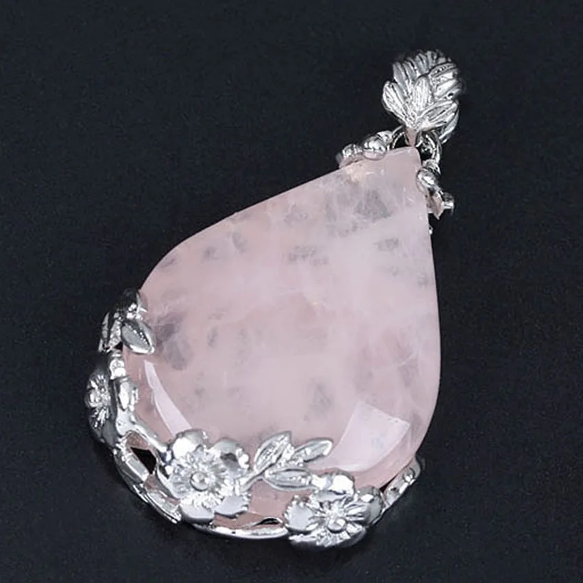 Silver Plated Natural Rose Pink Quartz Crystal Water Drop Stone Pendant Charm Teardrop Jewelry For Women Men Girls Gifts