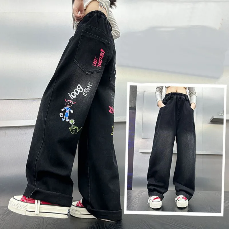 Wide Leg Jeans for Girls Spring Autumn Loose Vintage Straight Retro Pants Fashion Teenage Kids Trousers 6 8 9 10 11 12 14 Years