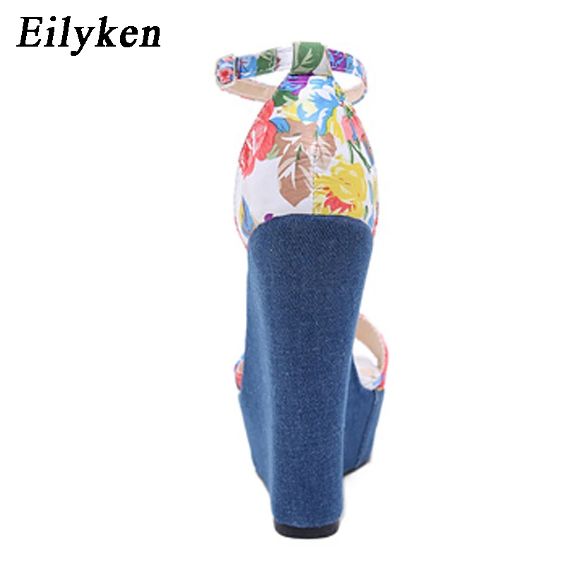 Eilyken Blue Print Denim Platform Wedges Women Sandals Sexy High Heels Buckle Strap Female Shoes Zapatos Mujer