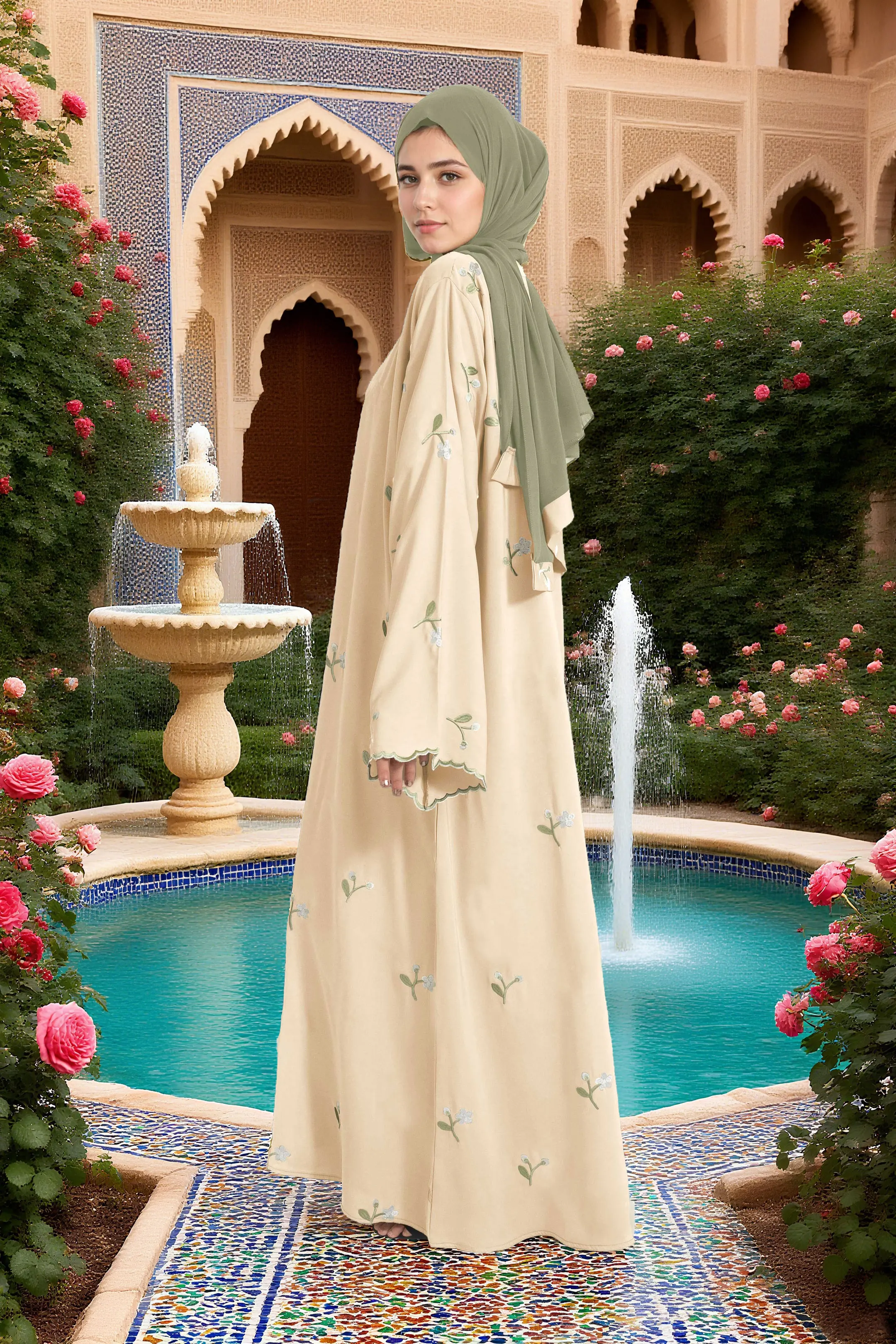 2025 Nuevo y elegante Abaya musulmana para mujer, diseño bordado de albaricoque claro islámico, Material cómodo, perfecto para mercados de Oriente Medio