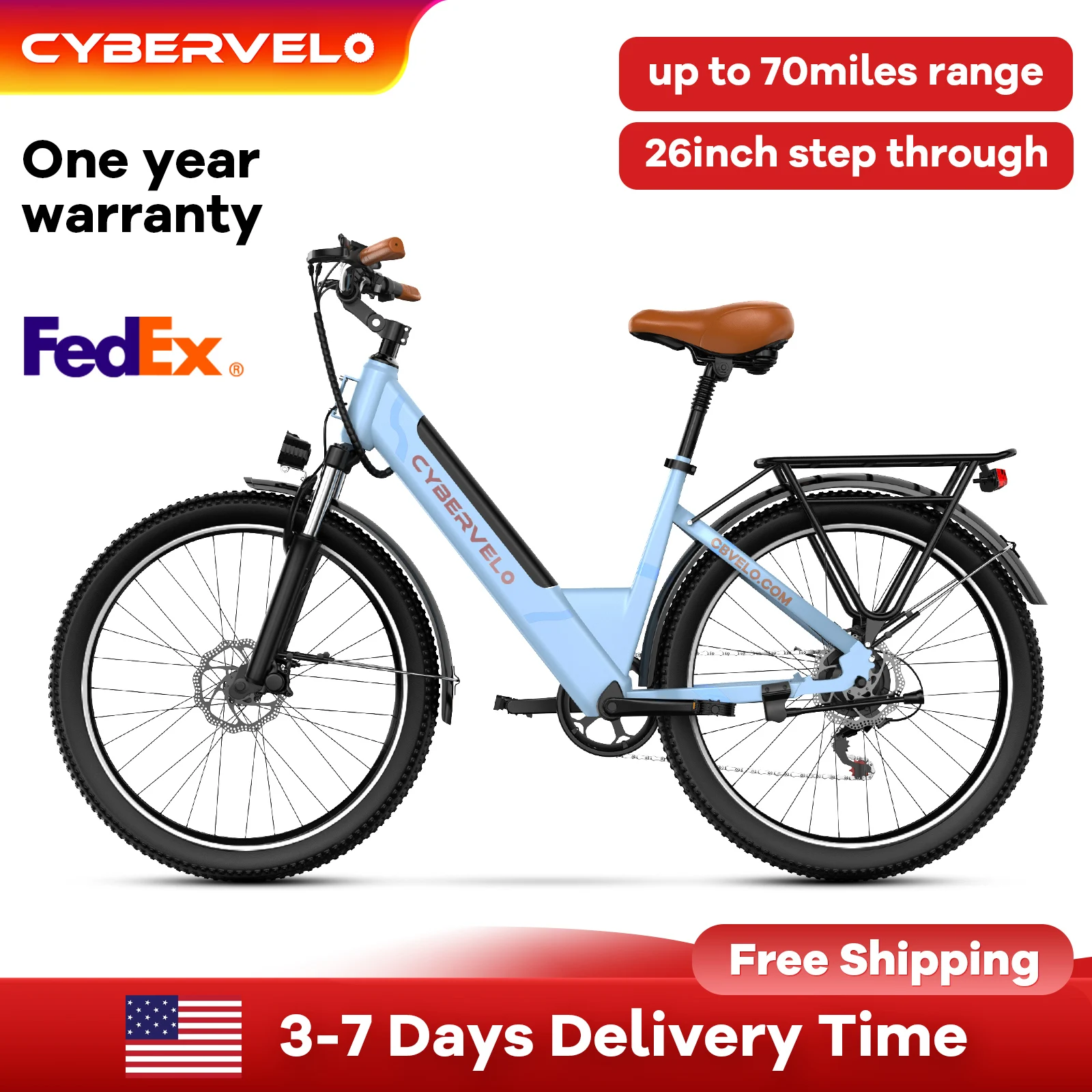 

Cybervelo 1000W Peak Bulit-in 48V Battery electric Bike, 7-Speed Adult city cruiser, 26" Step-Thru City Commute E-Bike EK2
