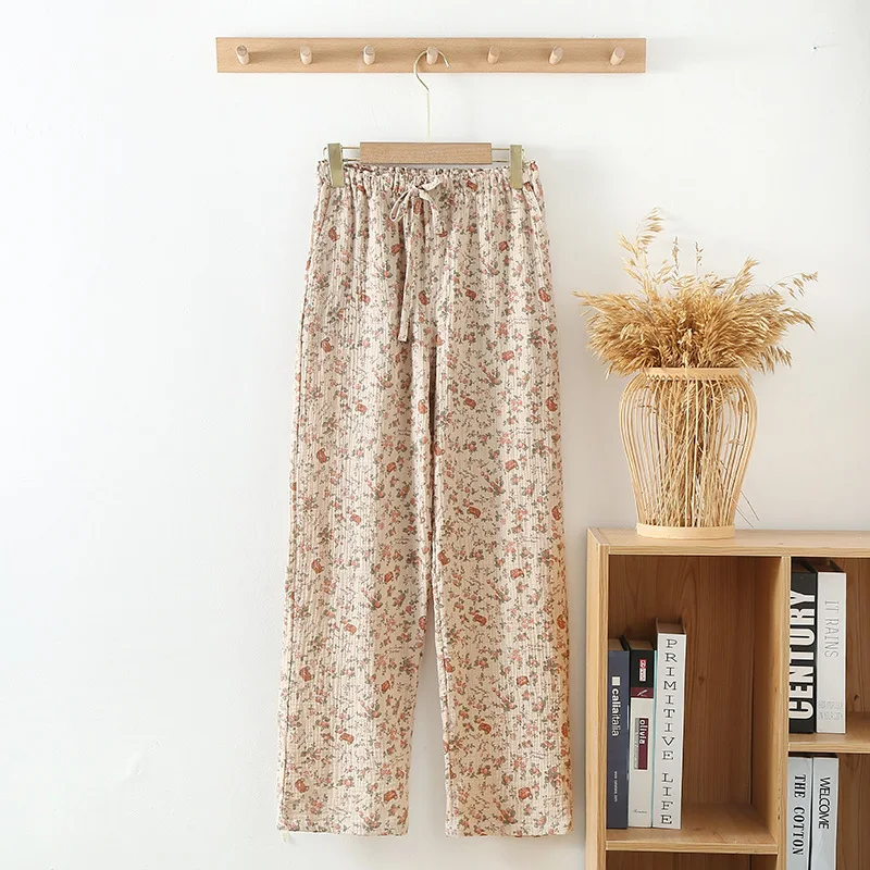 Floral Print Thin Summer Pajamas Pants For Women Bottoms Cotton Gauze Trousers Home Pants Room Wear Ladies For Sleep