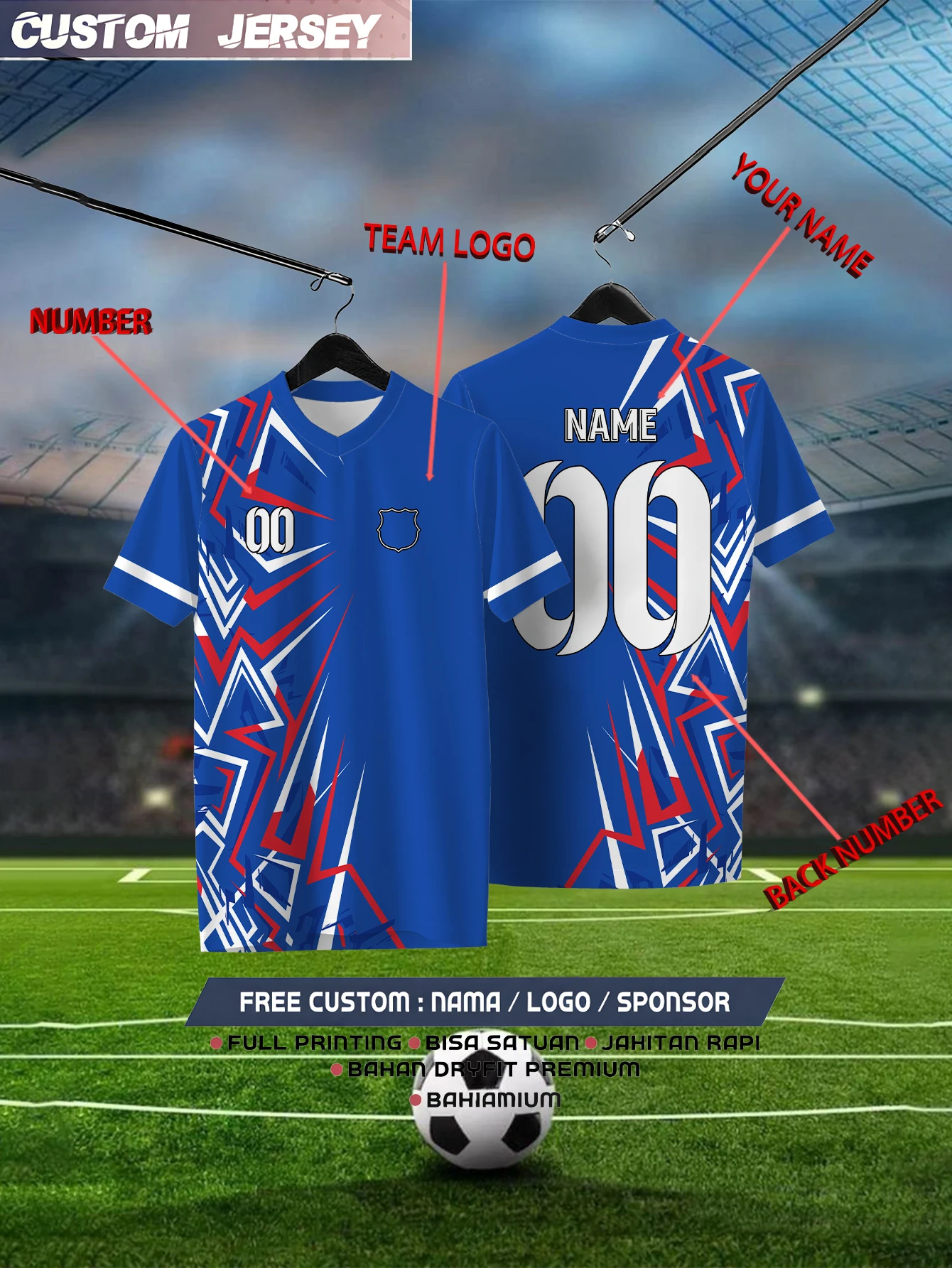 

Customized Geometric Blue Short Sleeved Shirt with Team Name, Emblem, Name and Number, Outdoor Sports Short Sleeved T-shirtCusto