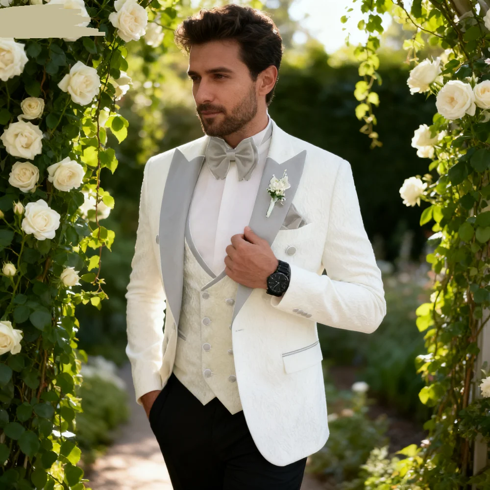 

Men's Floral Wedding Tuxedo 3-Piece Set Double Breasted Jacket with Vest Peak Lapel Groom's Fashion Suit Male Wedding Attire