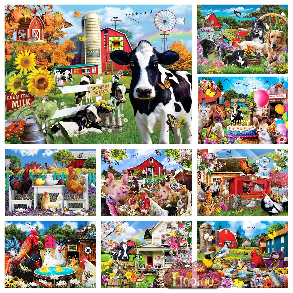 5D Farm Landscape Diamond Painting Diy Animal Cross Stitch Cattle Pig Chicken Flower Poster Handmade Mosaic Rhinestone Art Decor