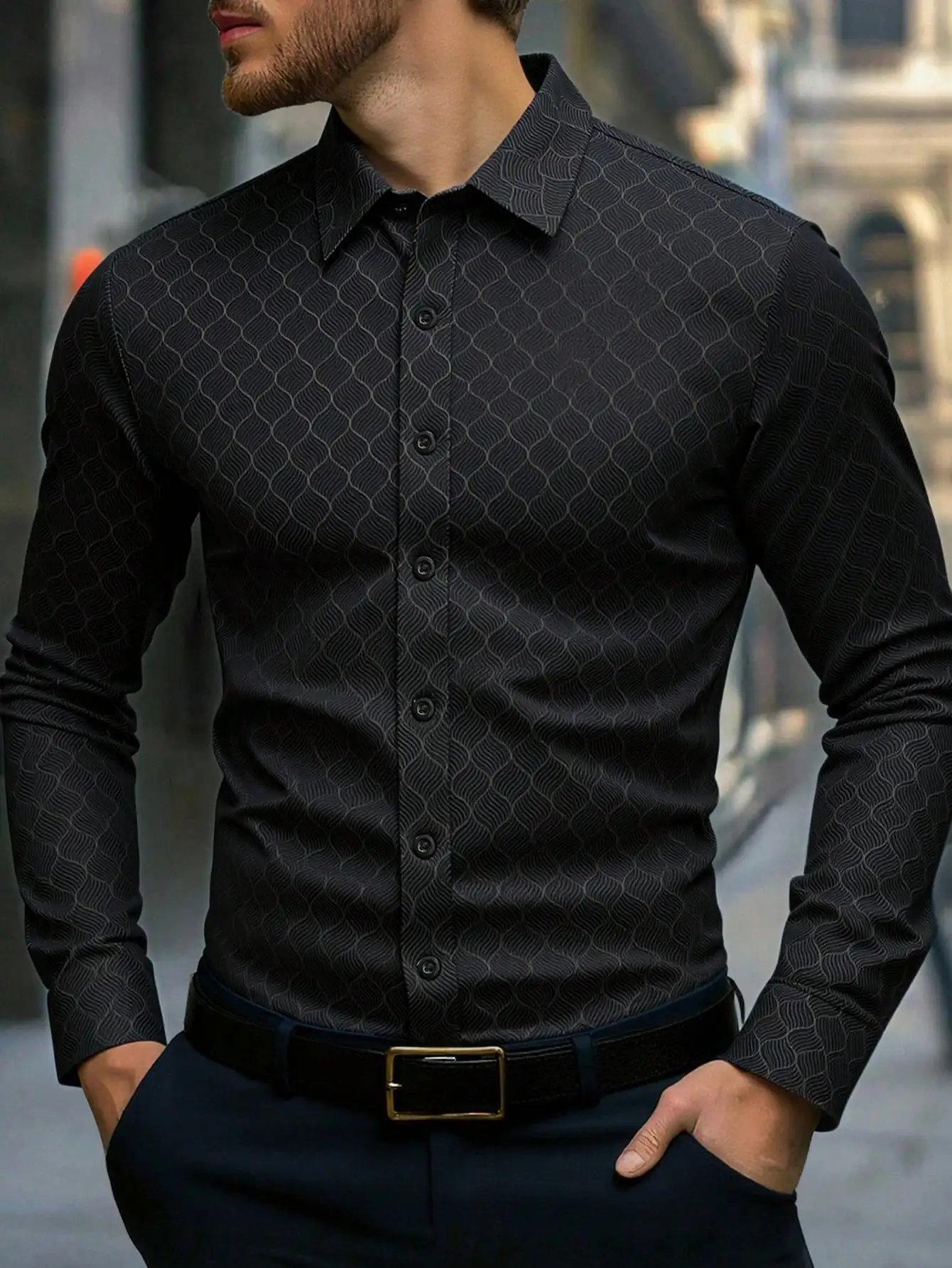 

Men's Black Long Sleeve Button-Up Shirt with Subtle Wave Pattern, Business Casual Fit