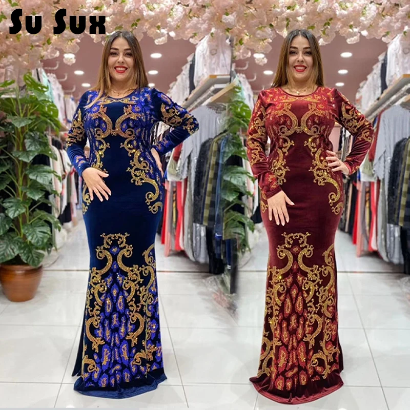 Velvet African Dresses For Women Arab Middle East Muslim Dress Abaya Dubai African Clothes Sequins O Neck Long Sleeve Maxi Dress