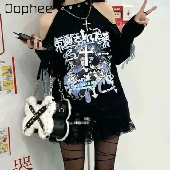 Design Sense Y2k Black Tee Spice Girl Shoulder-spilling Long-sleeved T-shirt Women's Loose Subculture Top