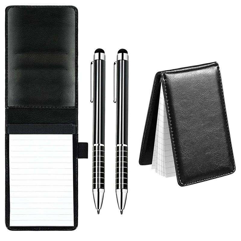 2 Pcs Black Mini Pocket Notepad Pu Business Notebook Notepad Multi-Function Notebook With Pen With 50 Lined Sheets