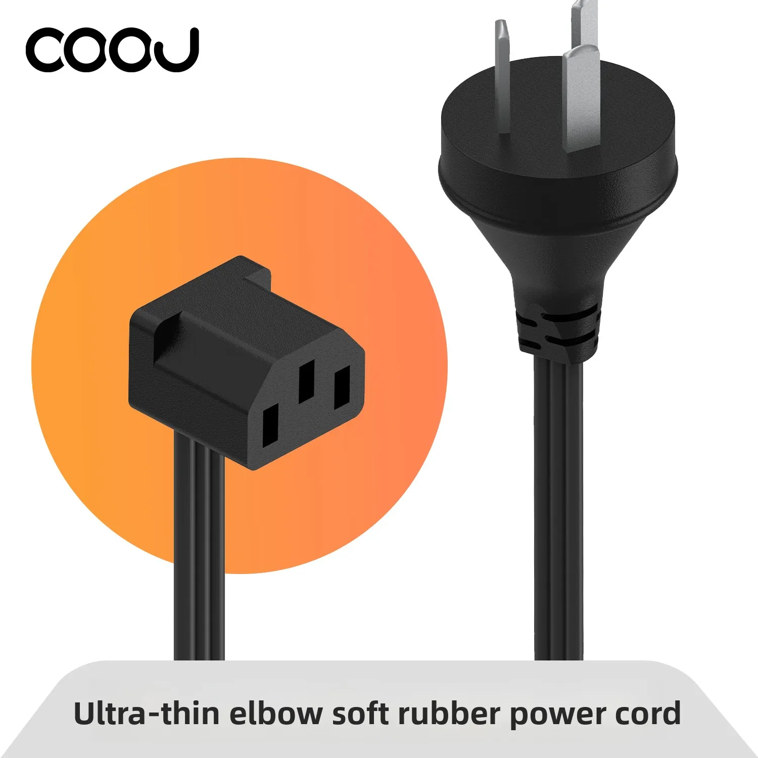 Custom COOJ Ultra-Slim Flexible 90° Right-Angle PC Power Cord, Wall-Hugging Low-Profile 3-Prong Plug, for Desktop Monitor PSU