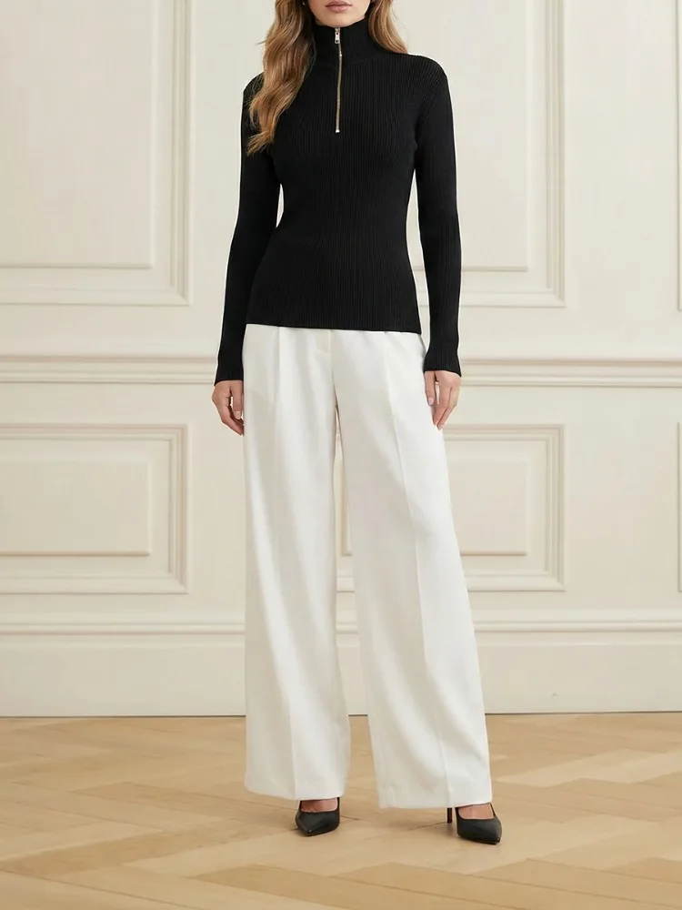 

UOOZEE 2026 New Spring Zipper High Neck Black Pullovers For Women Long Sleeves Skinny Solid Color Urban Trendy Sweaters Tops