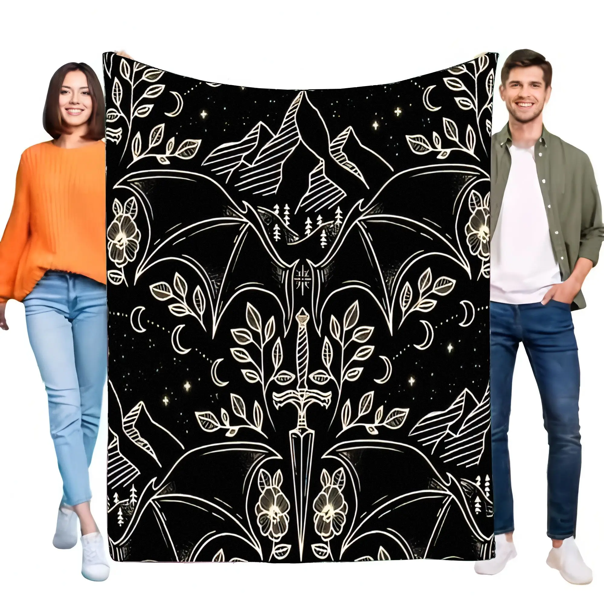 Gothic Bat Wing Sword Blanket, Fantasy Mountain Floral Celestial Flannel Throw, Soft Cozy Sofa Bed Wall Tapestry Decor, Adults T