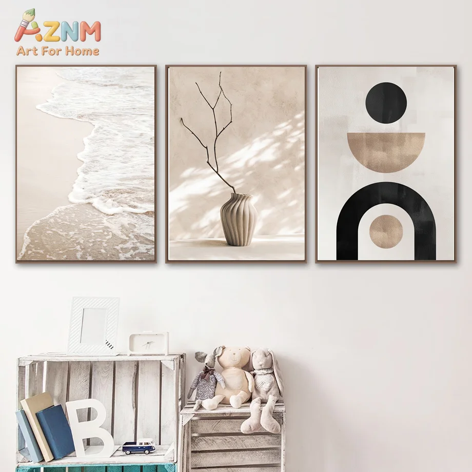 AZNM Neutral Beige Dried Plant Geometric Letter Canvas Poster, Frameless Boho Text Botanical Wall Art For Modern Study Bedroom H - view 3