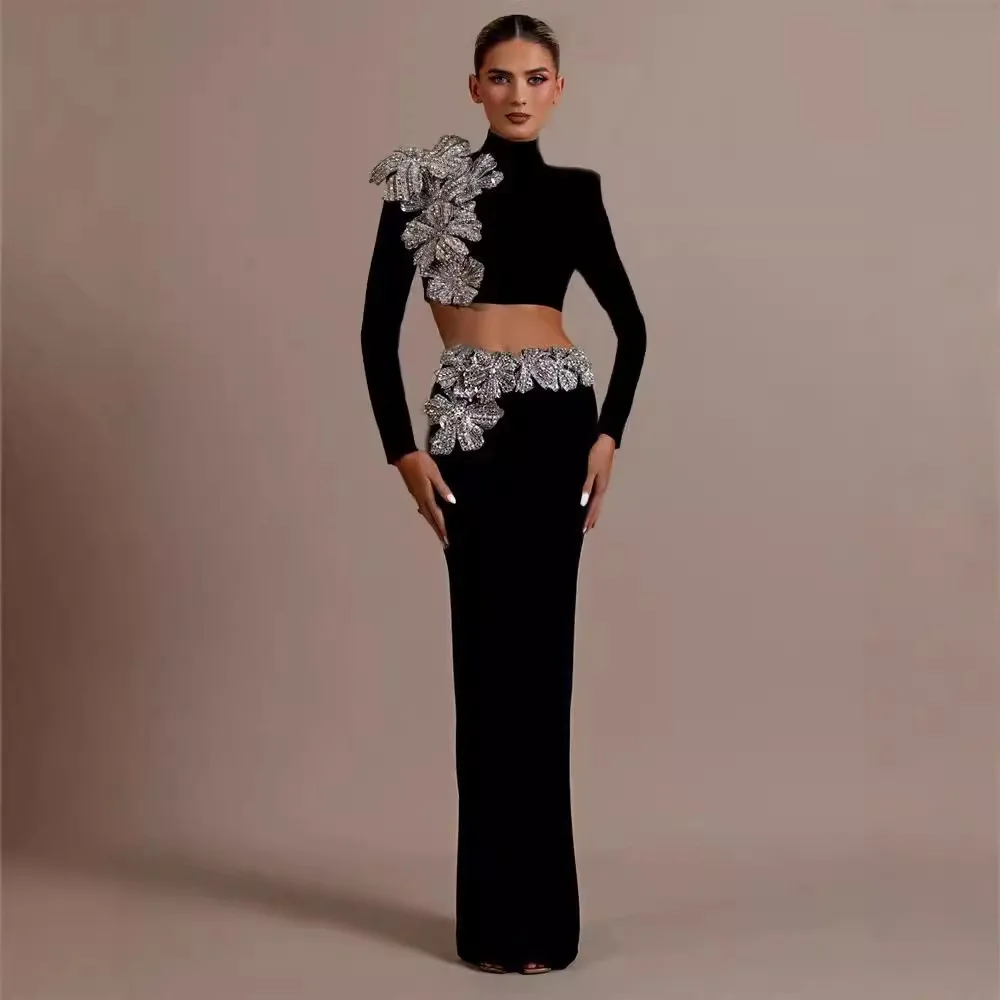 

Dollytang Sexy Long Sve Diamond Embellied Wrap Skirt Set ort Top Long Dr Two Piece Set Women's Faion Spring Autumn